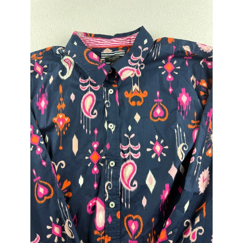 Talbots Petite XLP Navy Blue Ikat Paisley Cotton Button Up Shirt Long Sleeve - Picture 3 of 8